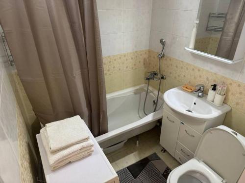 库斯塔奈Трехкомнатная квартира в центре города с выходом в центральный Парк的浴室配有卫生间、盥洗盆和淋浴。