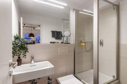 凯撒斯劳滕Appartement für 2 - WLAN - Parkplatz - Homeoffice的带淋浴、盥洗盆和卫生间的浴室