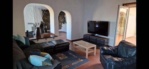 摩亚Casa Azuaje的客厅配有皮革家具和平面电视
