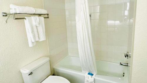 弗林特Gateway Hotel & Convention Center Grand Blanc Flint Airport Michigan的浴室配有白色卫生间和淋浴。