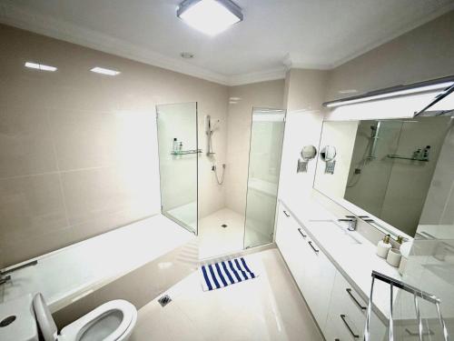 布里斯班皇家阿尔伯特酒店 的带淋浴、盥洗盆和卫生间的浴室