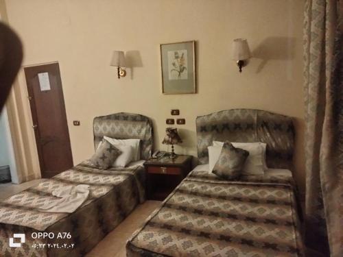开罗Anubis Hostel的酒店客房设有两张床和一张桌子。
