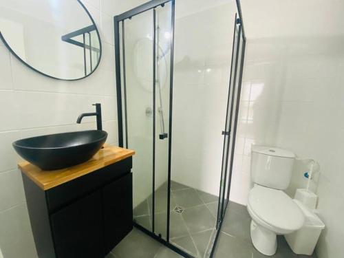 荷兹利亚New- Luxury Glil Yam For Family 4 Rooms Parking的一间带水槽、卫生间和镜子的浴室