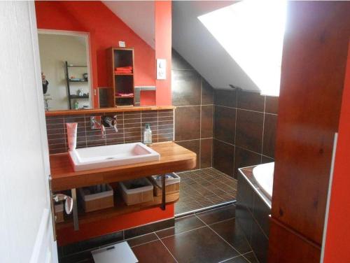 Creuzier-le-VieuxMAISON CREUZIER - Vichy à 5min - Jardin - BBQ - Calme的一间带水槽和红色墙壁的浴室