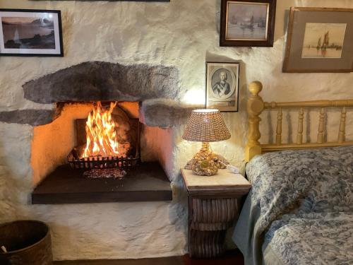 布罗德福德The Cottar的卧室内的石头壁炉,配有床和灯