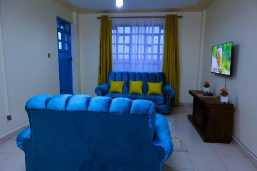 ThikaGazena homes的客厅配有蓝色的沙发和黄色的枕头。
