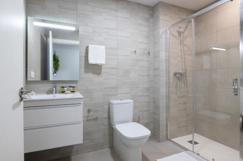 瓦伦西亚DormForYou Arena Delux的一间带卫生间和玻璃淋浴间的浴室