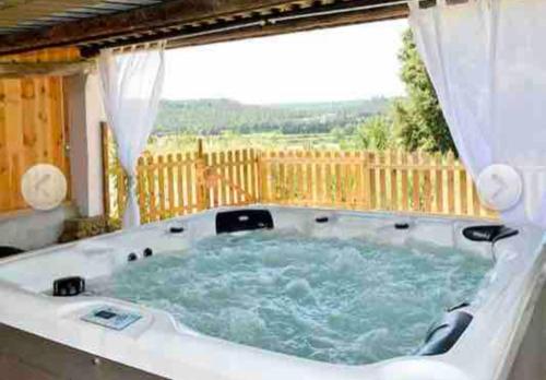 奥龙Appart Hôtel - Nature et Spa的后院的热水浴池,设有窗户