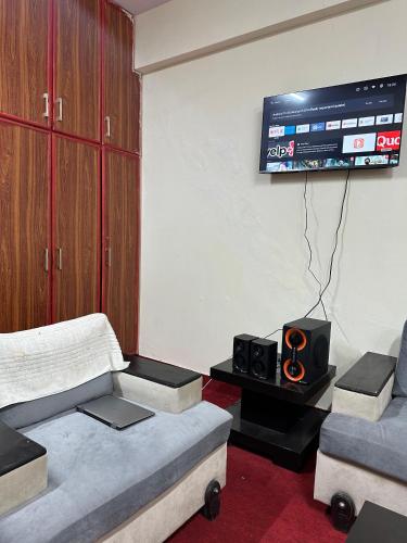 伊斯兰堡Islamabad lodges apartment suite的客厅配有2张沙发和1台平面电视