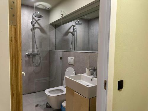 巴库里阿尼Apartment in Rooms Hotel Kokhta, Bakuriani的浴室配有卫生间、盥洗盆和淋浴。