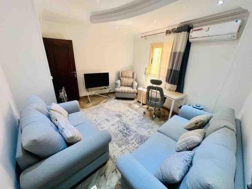 开罗Shared Apartment close to airport garden view منزل مشترك بالقرب من المطار مطل على حديقة的客厅配有蓝色的沙发和电视