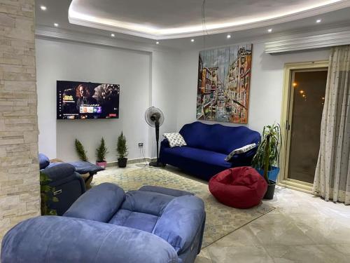 开罗Shared Apartment close to airport garden view منزل مشترك بالقرب من المطار مطل على حديقة的客厅配有蓝色的沙发和电视
