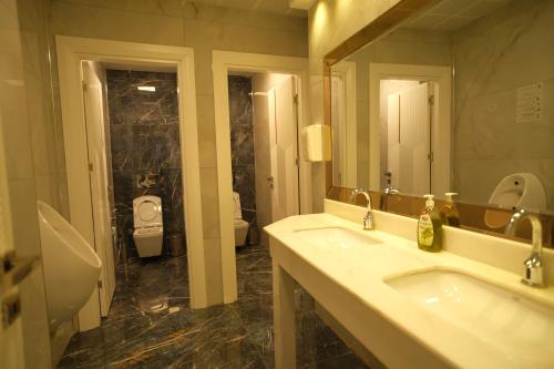 迪亚巴克尔Malabadi Hotel的浴室设有2个水槽、卫生间和镜子。