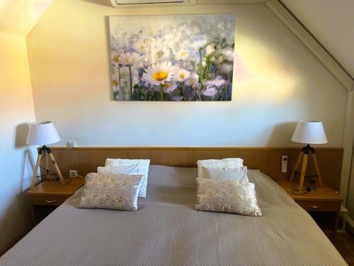 摩拉瓦托普利采Apartment Marjetica的一间卧室配有带两个枕头的床和一幅画