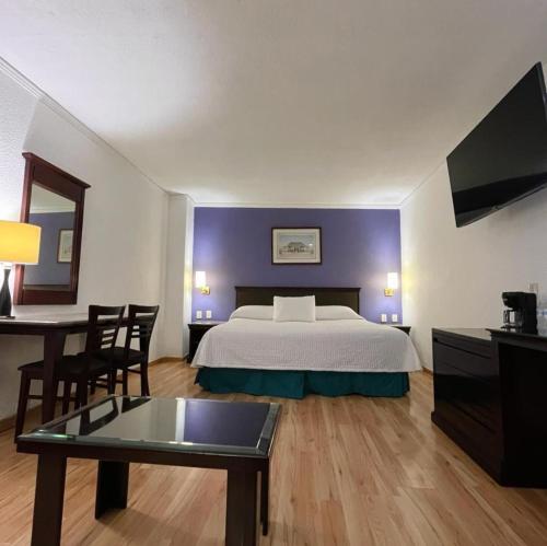 萨卡特卡斯Hotel Arroyo de la Plata的酒店客房配有一张床铺和一张桌子。