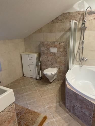 皮塞克Apartmán Putim的浴室配有卫生间、盥洗盆和浴缸。