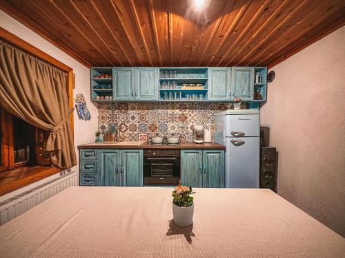 莱什顿Кътче的厨房配有蓝色橱柜和盆栽桌子