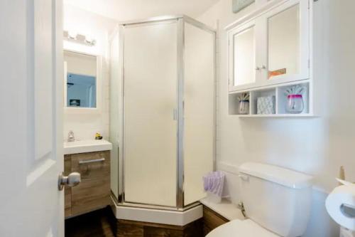 胡德里弗The Irish Inn的带淋浴和卫生间的白色浴室