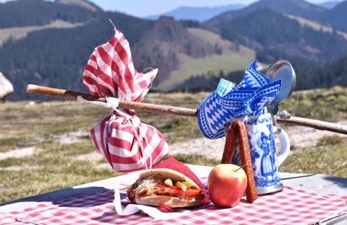 卑尔根Bründling-Alm Berggasthof auf 1167m auf dem Hochfelln的一张野餐桌,上面有苹果、三明治和美洲旗