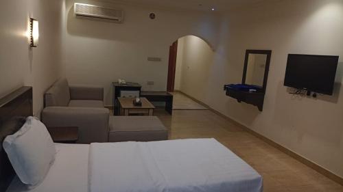 拉夫哈فندق سفير العرب的客房设有床、电视和沙发。