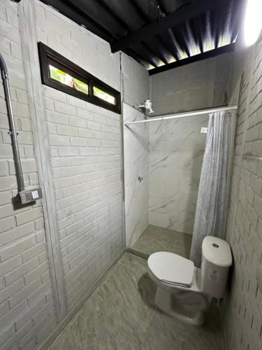 圣罗莎德卡瓦尔Glamping Moterio的一间带卫生间和淋浴的浴室