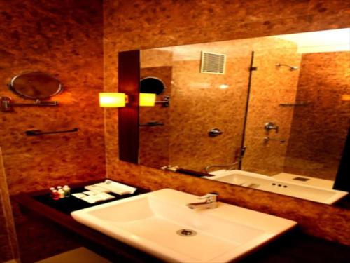 迈索尔SUNFLOWER HOTEL的一间带水槽和大镜子的浴室