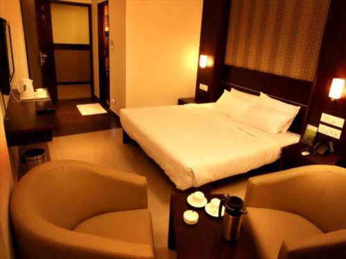 迈索尔SUNFLOWER HOTEL的配有一张床和一把椅子的酒店客房