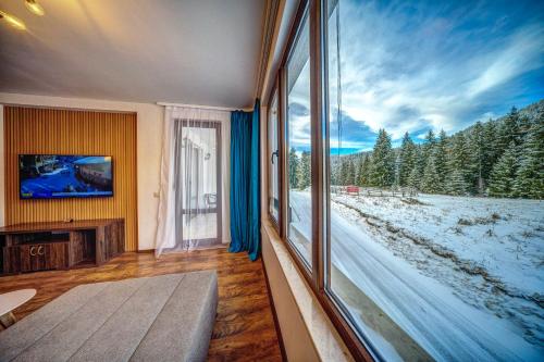 斯莫梁Oak Residence Hotel & Relax的客厅设有大窗户和电视。