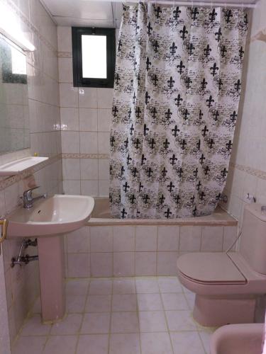 阿布扎比Furnished bedroom near Abu Dhabi Corniche的浴室配有水槽、卫生间和浴帘