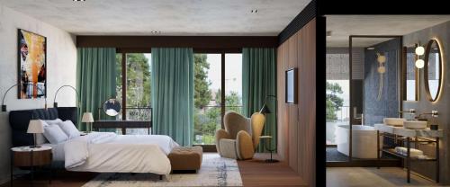 奥帕提亚Keight Hotel Opatija, Curio Collection By Hilton的一间带大床的卧室和一间浴室