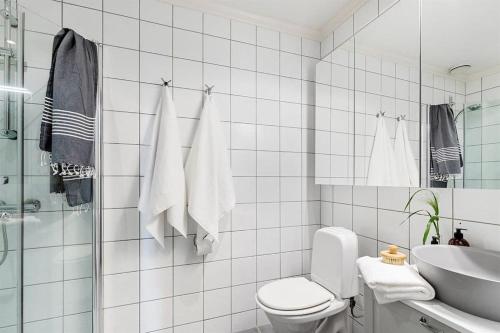 奥斯陆Welhavensgate 3A的白色的浴室设有卫生间和水槽。