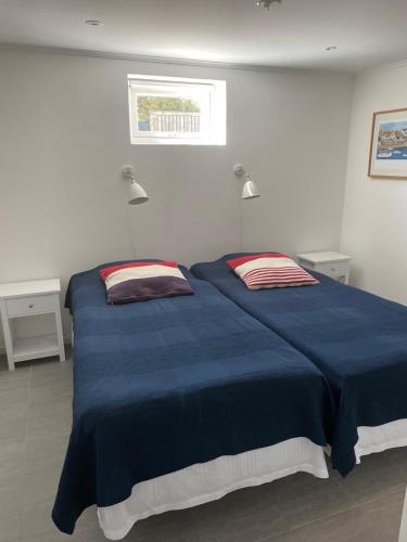 斯默根Sommar på Smögen!的一间卧室配有一张大蓝色的床和两个枕头