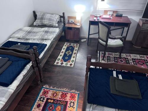皮罗特Prenoćište Jocic的客房设有两张床、一张桌子和一张带地毯的桌子。