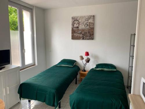 塞纳河畔诺让Studio hypercentre Abbatial 431的配有绿床单的客房内的两张床