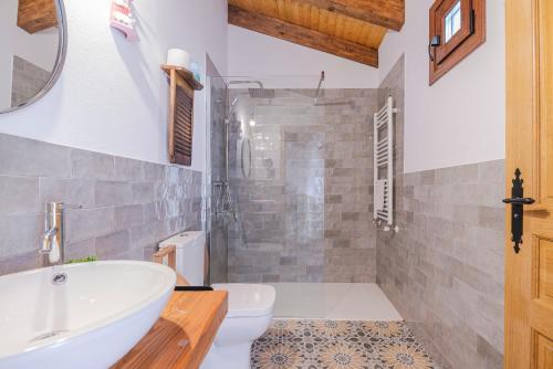 赫尔特Casa Rural La Chopera del Jerte的一间带水槽、卫生间和淋浴的浴室