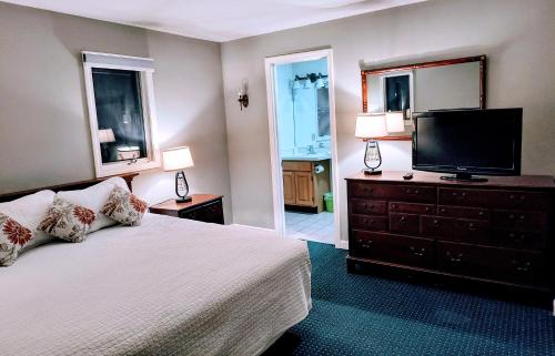 斯托斯托堆雪汽车旅馆的一间卧室配有一张床和一台平面电视