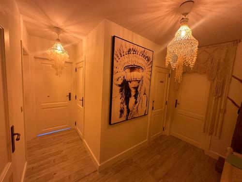 奥斯坦德TOP appartement met garage "Au Franelle"的走廊上设有两个吊灯和墙上的绘画