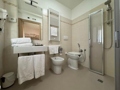 阿西西克拉丹酒店的浴室配有卫生间、盥洗盆和淋浴。