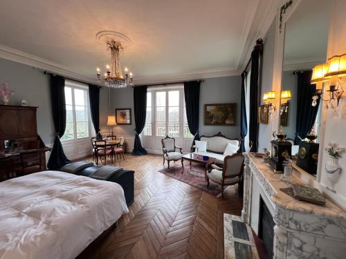 巴尼奥勒德日洛恩Chateau du Gue aux Biches的一间卧室设有一张床和一间客厅。