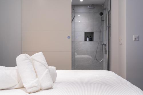 图恩LOFT am See - dein Zuhause direkt am Wasser - self checkin - Bitcoin accepted的白色的床、白色枕头和淋浴