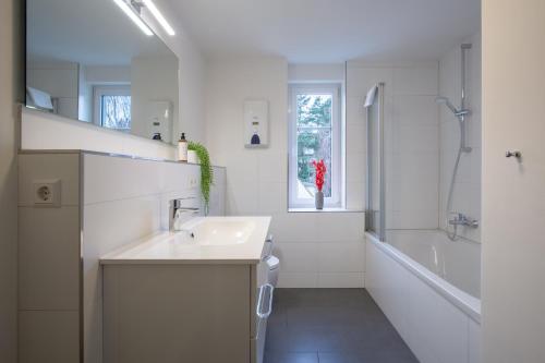 德累斯顿CoView - ruhige Design Wohnung - 2 Schlafzimmer - voll ausgestattete Küche的白色的浴室设有水槽和浴缸。