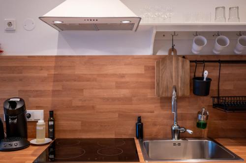 弗吕济Garður Stay Inn & Secret Lagoon的厨房配有不锈钢水槽和木台面