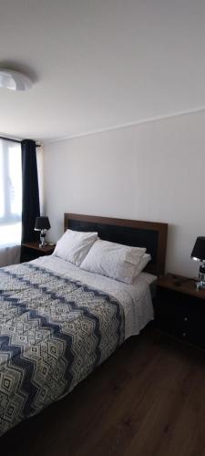 圣地亚哥Hermoso y cómodo departamento的一间卧室配有一张带2个床头柜和2盏灯的床。