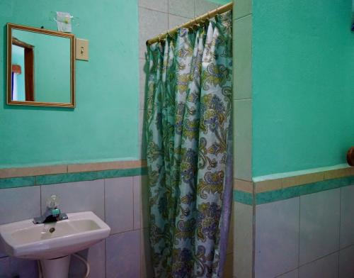圣伊格纳西奥Hilltop Horizon Guesthouse的一间带水槽和淋浴帘的浴室