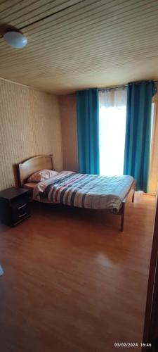 延基韦Casa LLanquihue的一间卧室配有一张带蓝色窗帘的床和一扇窗户