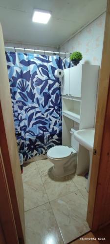 延基韦Casa LLanquihue的浴室设有卫生间和蓝白色的浴帘。