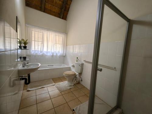 侯斯普瑞特Tamanini Timbavati Lodge的带淋浴、卫生间和盥洗盆的浴室