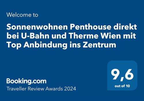Sonnenwohnen Penthouse direkt bei U-Bahn und Therme Wien mit Top Anbindung ins Zentrum的证书、奖牌、标识或其他文件