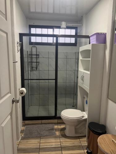 希门尼斯港Villa bonita的浴室设有玻璃淋浴间和卫生间