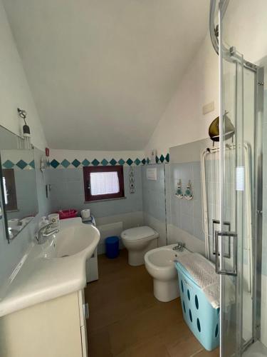 卡拉古诺内Sa dommo de Mammai的一间带水槽、卫生间和淋浴的浴室